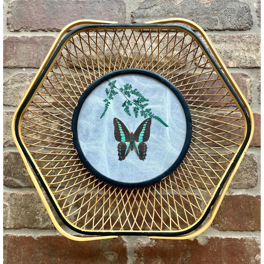 Vintage 1970s Pressed Butterfly Rattan Wood Basket with Handles/ Decorative Tray